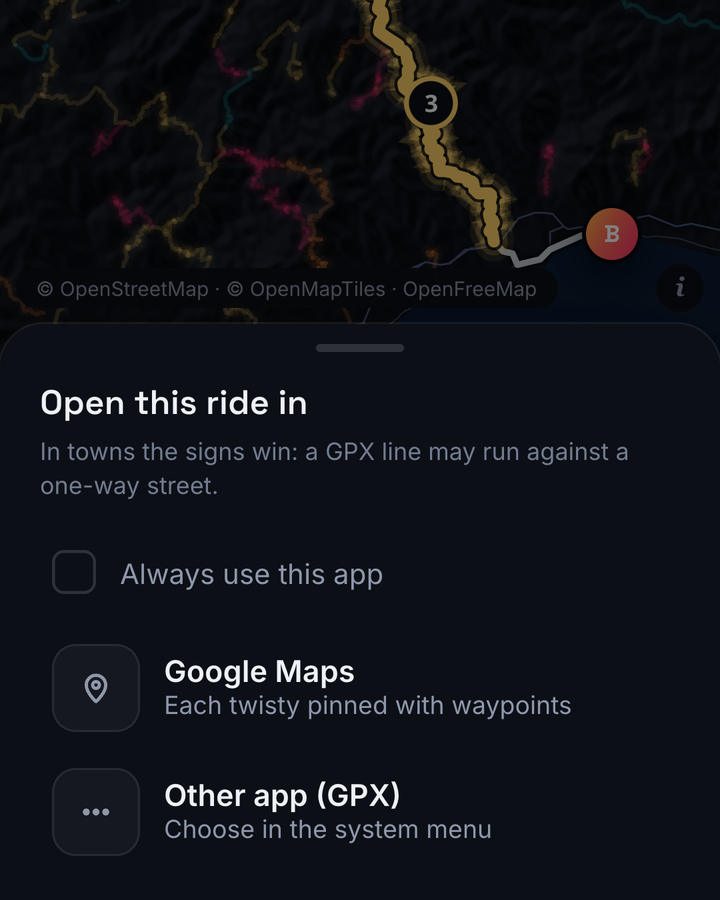 The "Open this ride in" panel, with the apps to send the ride to and the option of another app with a GPX, over the ride on the map.
