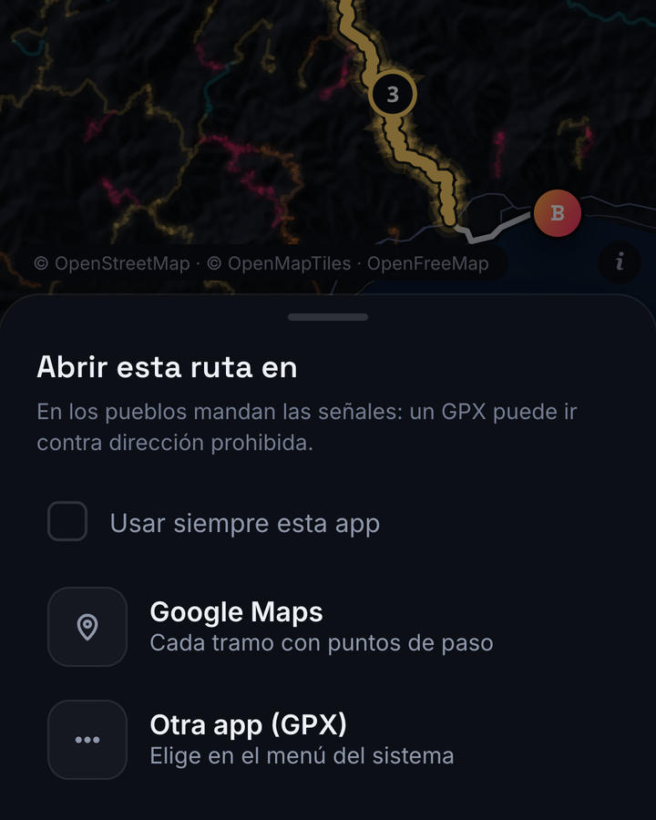 Panel «Abrir esta ruta en», con las apps a las que pasar la ruta y la opción de otra app con GPX, sobre la ruta en el mapa.
