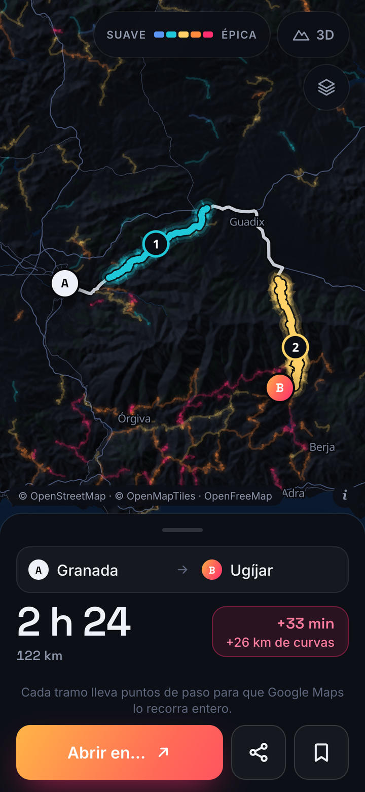 Twisty en el móvil: ruta de Granada a Ugíjar en el mapa oscuro, con dos tramos de curvas resaltados; 2 h 24, 122 km, +33 min y +26 km de curvas.