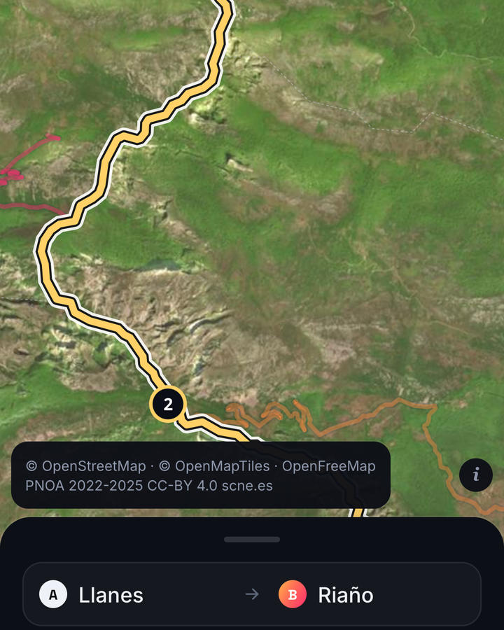 The ride from Llanes to Riaño on the satellite view, through woods and meadows.