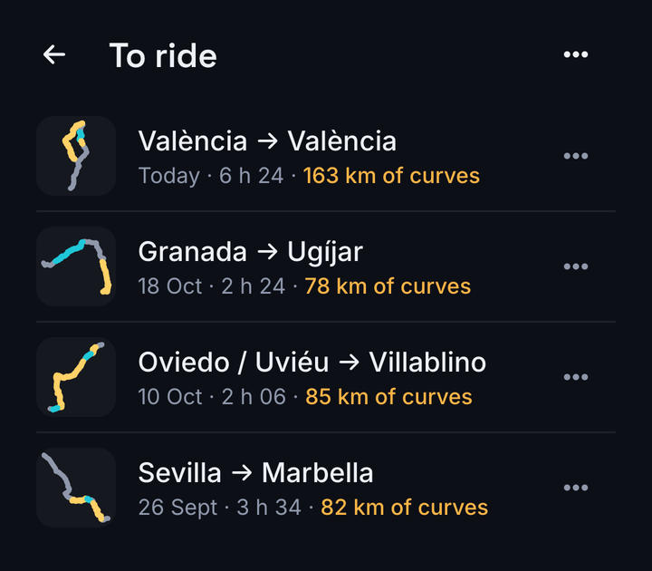 The saved rides folder "To ride", each ride with its sketch, its time and its km of curves.